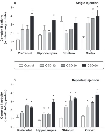 Figure 2 Mitochondrial respiratory chain complex II activity in the prefrontal cortex, hippocampus, striatum, and cerebral cortex (n=6 for each group)