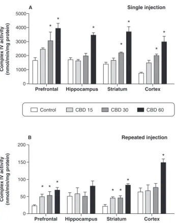 Figure 4 Mitochondrial respiratory chain complex IV activity in the prefrontal cortex, hippocampus, striatum, and cerebral cortex (n=5 for each group)