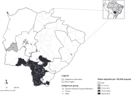 Figure 2 Spatial distribution of adjusted suicide mortality rates among non-indigenous people in the municipalities of Mato Grosso do Sul, Brazil, 2009-2011.