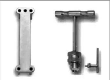 Figure 11 –  Template and soft-tissue protector (left) and chuck  key for manual insertion of Schanz pins (right).