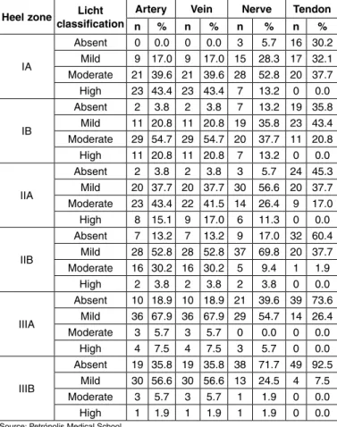 table 3 – Description of Licht classification for arteries, veins, nerves  and tendons, according to heel zone, in 53 feet
