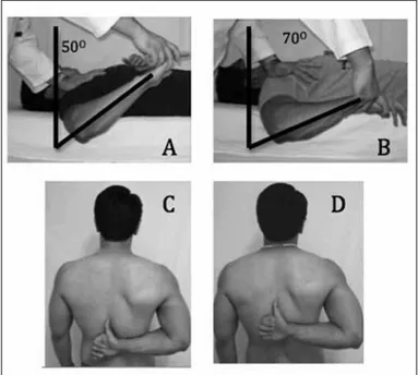 Figure 3 – Case 2: baseball player in supine position with right shoulder  abduction of 90° and elbow flexion of 90°: (A) with Mr90 of 50° at as  -sessment 1; (B) gain of 20° at as-sessment 3; (C) as-sessment 1 on the  same player, with the limb in shoulde