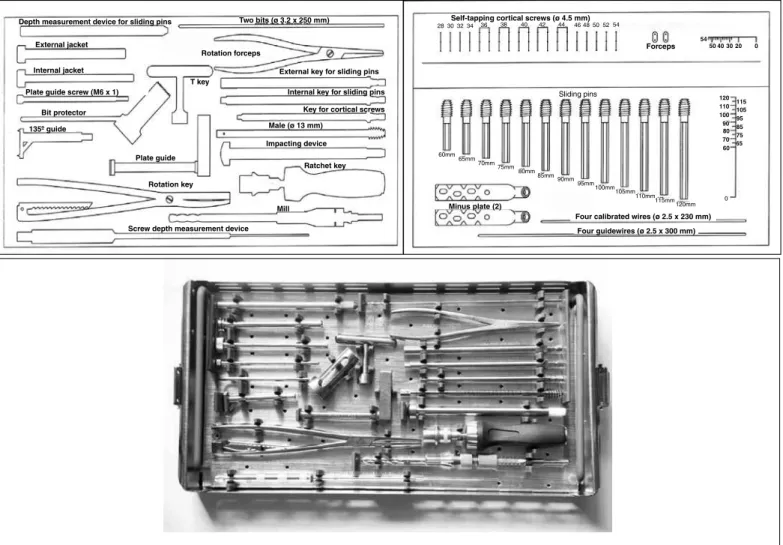 Figure 1 – Box containing instruments and implants. Schematic drawing and photograph.