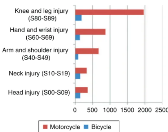Fig. 4 – Notifications according to the diagnosis of the injury and the type of vehicle.
