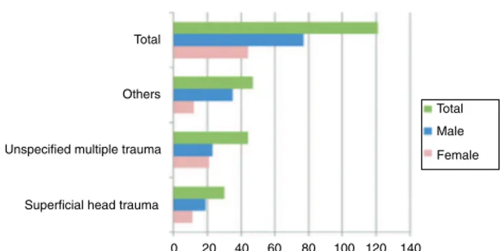 Fig. 3 – Injuries diagnosed in transport accidents among children and adolescents (up to 19 years of age), according to sex, who were attended at a teaching hospital in the southern zone of the city of São Paulo, in 2012.