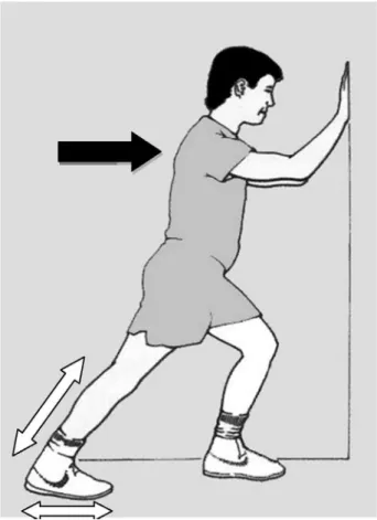 Fig. 1 – Drawing showing the patient’s position while carrying out the home-based exercise program that is recommended for treating plantar fasciitis