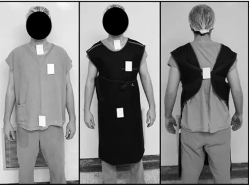 Fig. 2 – Anterior and posterior locations of the dosimeters on the team members (above and below the lead protector).