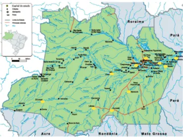 Figure 1 - Map of the State of Amazonas; visit sites are highlighted.