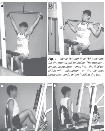 Fig. 1 – Initial (a) and final (b) positions for the frontal pull exercise. The measure angles were determined from the final  po-sition with adjustment on the distance between hands when holding the bar.