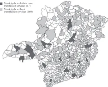 Figure 1 – Spatial distribution of the 177 municipalities with transfusional services belonging to the public blood bank network in the State of Minas Gerais, 2007-08