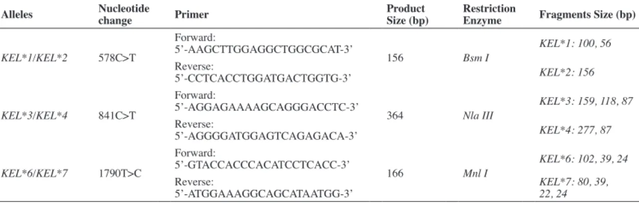 Table 1 - Polymerase chain reaction-restriction fragment length polymorphism used to analyze three single nucleotide polymorphisms  responsible for KEL1, KEL2, KEL3, KEL4, KEL6 and KEL7 expression