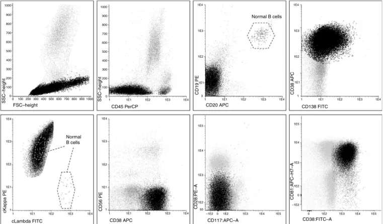 Figure 2 – Flow cytometry dot plots of the circulating plasma cells (in black dots) showing small- to large-sized clonal plasma cells expressing (forward/side scatter of light) CD45 − , CD19/CD20 − , CD38 ++ /CD138 + heterogeneous and