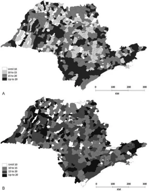 Fig. 1 Thematic map with perinatal mortality rates in the period of 2003–2007 (1-A) and in the period of 2008–2012 (1-B), São Paulo state, Brazil, 2003–2012.