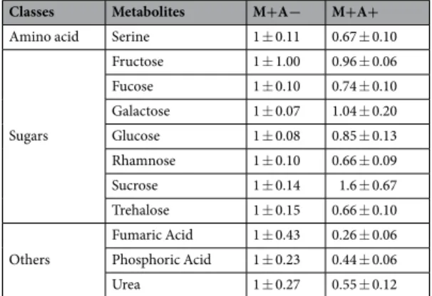 Table 3.  Fold changes of relative primary metabolite levels in M +A+ relative to M+A− treatment, normalised  to the internal standard (ribitol) and dry weight of the samples, in disturbed root-free compartments