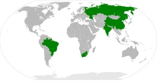 Figura 2 - Países do BRICS (Brasil, Rússia, Índia, China e África do Sul). Fonte: Wikipédia 