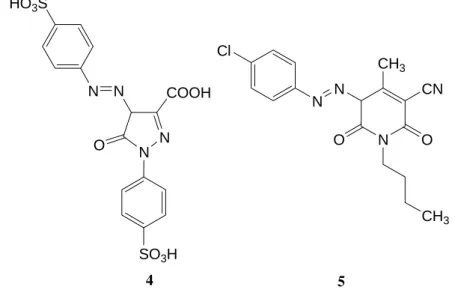 Figura 1.2 – Exemplos de corantes com base de azopirazolona 4, e azopiridona 5. 