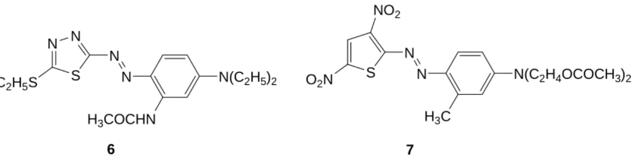 Figura 1.3 – Exemplos de corantes heterocíclicos com base de tiadizole (6) e tiofeno (7) 