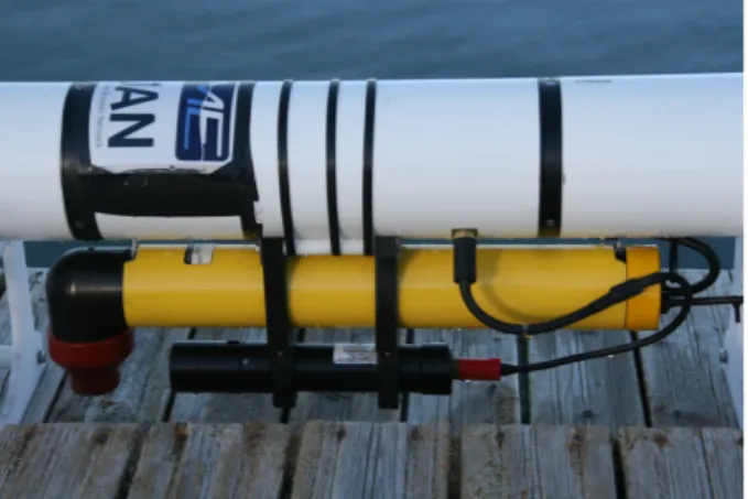 Fig. 3. KM modem fitted on a Folaga vehicle (yellow tube) and an additional sensing probe (black tube below).