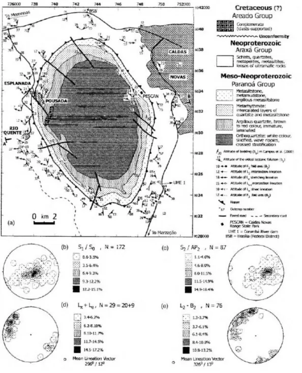 Fig. 4. (a) Simplified geological map of the studied area displaying some of the main D₁-D₂ foliation and lineation data