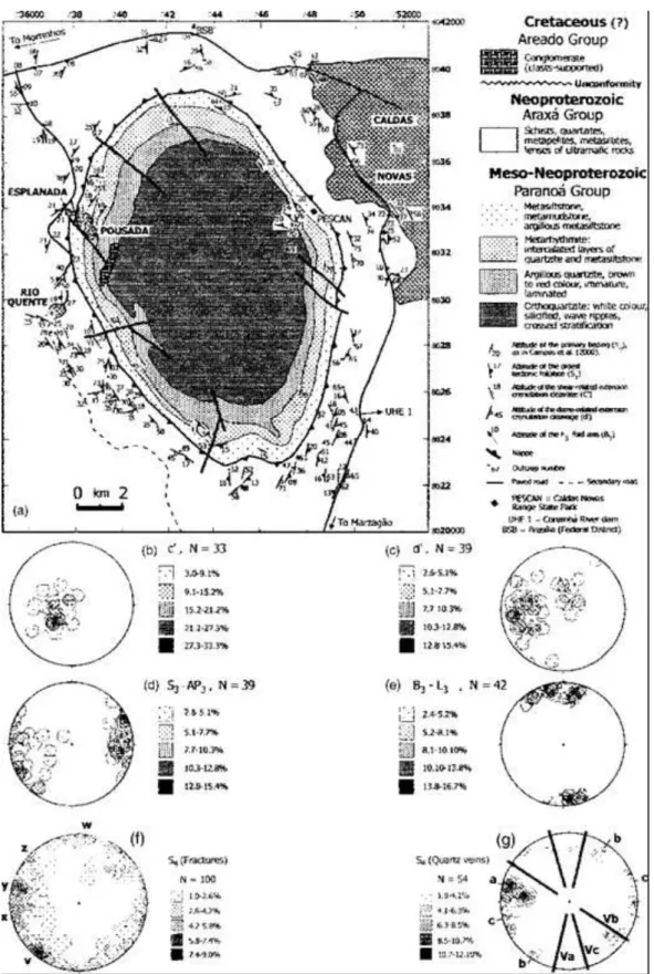 Fig.  6.  (a)  Same  map  as  in  of  Fig.  4  displaying  the  main  foliation  (S₁/S₀)  and  the  two  extensional  crenulation  cleavages  (c0,  d0)  that  affect  S₀//S₁  in  the  study  area