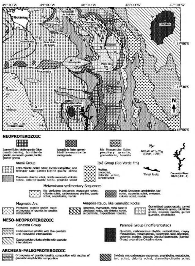 Fig. 3. Simplified geological map of the southern segment of the Brasilia belt in the surroundings of the Caldas Novas  dome (inside the study area, Fig