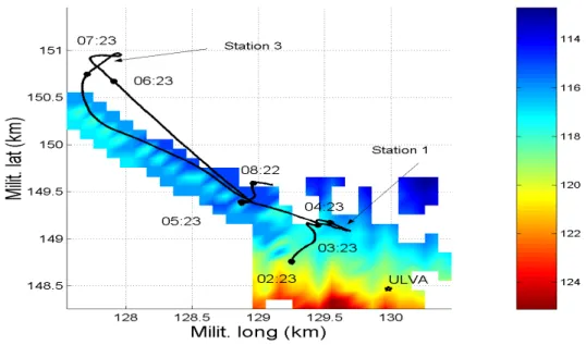 Fig. 2. INTIFANTE’00 Event I source-receiver geometry and bathymetry; ULVA refers to the VLA position