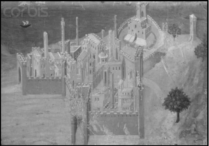 Figura 3 – Cidade Medieval. Representação de Ambrogio Lorenzetti (1340). (Lamas 2007) 