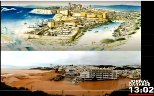 Figure 2. A representation of the medieval times city of Albufeira and a recent photo from the  flash flood (obtained from the RTP TV channel during the news of 1 November 2015), showing  that the buried river found its natural way to the Atlantic Ocean