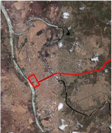 Figura 16: Imagem de satélite. Eixo Centro-Leste de crescimento da cidade em vermelho