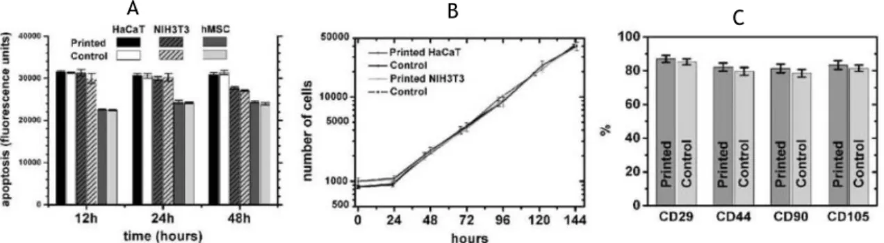 Figure 4 – Printed cell apoptosis were analysed and compared between three types of cells and their  controls at 12, 24 and 48 hours after bioprint process (A)