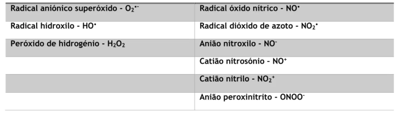Tabela 2 - Principais espécies reativas de oxigénio (ROS) e de azoto (RNS) 