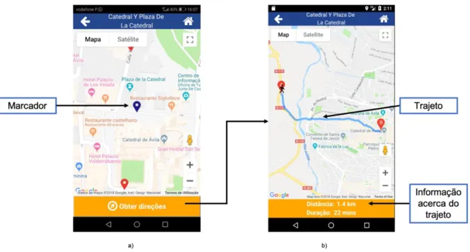 Figura 3.7 - Ecrã localização local a) e direções até ao local b). 