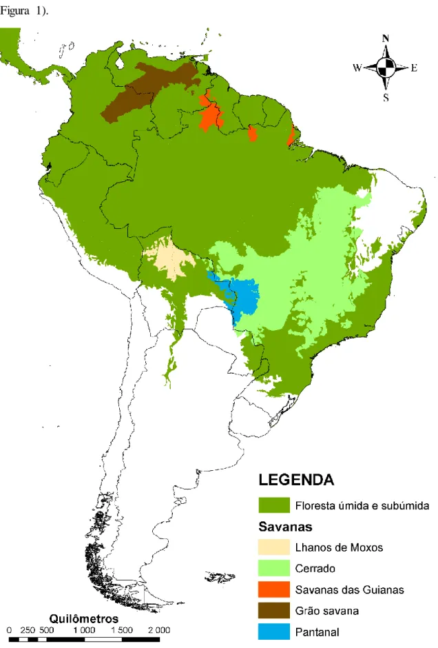 Figura  1. Distribuição  dos diferentes  tipos  de savanas  neotropicais  na América  do Sul  (mapa  modificado  a partir  de Olson  et al