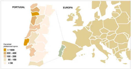 Figura 1 – Portugal situado en el sudoeste de Europa, muestra acentuadas asimetrías regionales