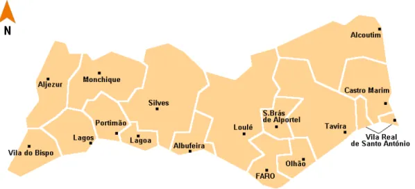 Figura 3 – La provincia del Algarve está constituida por 16 municipios. El municipio de Loulé se  extiende de Norte a Sur en la zona centro, revelando las características propias de la sierra, del 