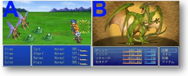 Fig 2. 8 – A: Screenshot from the battle system of RPG Maker 2003; B: Screenshot from  the battle system of RPG Maker VX