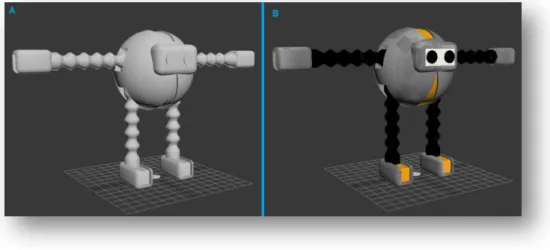 Fig 3. 7 - A: Model of Boris without textures; B: Model of Boris with textures. 