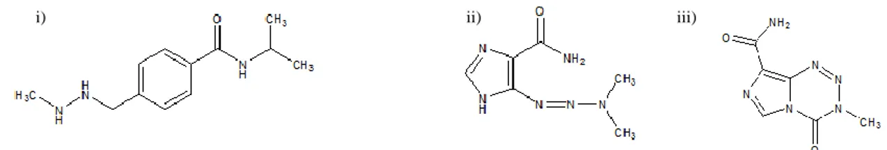 Figura I-6: Estrutura química das Triazinas. i)Procarbazina  ii) Dacarbazina  iii) Temozolomida .(66) 