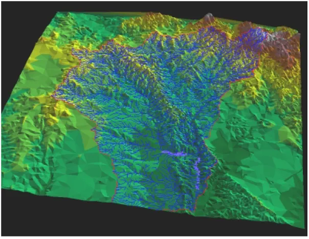 Figura 5 – Vista 3D da bacia hidrográfica, rede hidrográfica e depressões do terreno 
