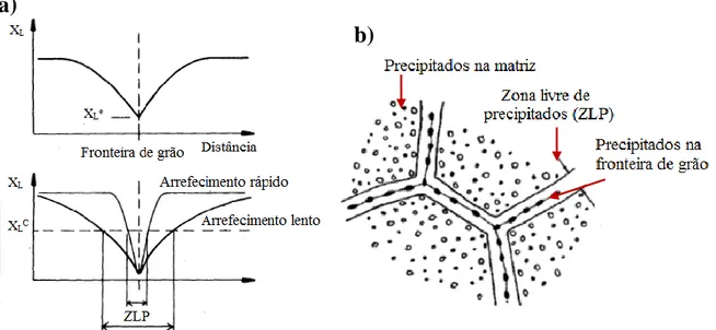 Fig.  18  –  Zonas  livres  de  precipitados  devido  à  difusão  de  lacunas  para  a  fronteira  de  grão durante a têmpera a) perfil de concentração de lacunas e dependência da largura da  ZLP na concentração crítica de lacunas [17]; b) Esquema represen