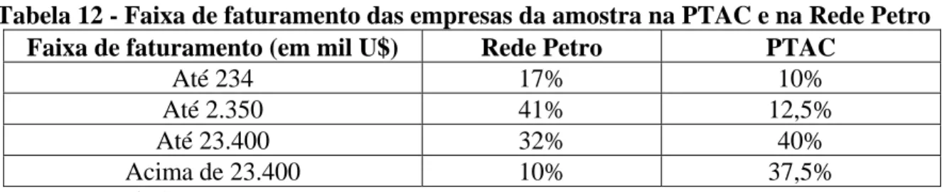 Tabela 13 - Relação entre faixa de faturamento e tamanho das empresas na amostra  Tamanho da empresa  Rede Petro       PTAC  Micro com faturamento acima de U$ 500 mil  36%  67% 