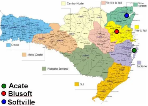 Figura 13. Localização dos principais polos tecnológicos de Santa Catarina, do APL-TIC/SC  Fonte: Ministério do Desenvolvimento, Indústria e Comércio Exterior – MDIC, (2013) 