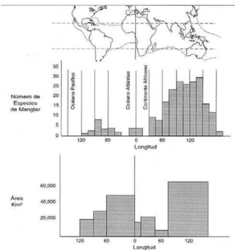 Gráfico 2 Distribuição das áreas do mangal em referência ao número de espécies  (Yáñez-Arancibia &amp; Lara-Domínguez, 1999, p