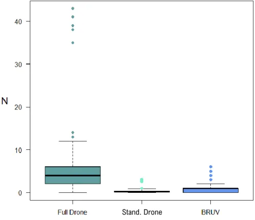 Figure 6: Box plots of average Max N's over deployment for drone, with and without standardised data, and  for BRUV