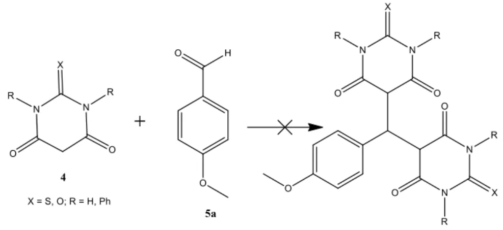 Figure 1.11: Attempts to synthesis bis-(thio)barbiturates 7.  