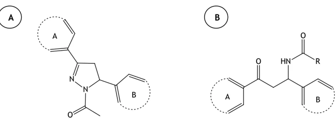 Figure  9  |  Chemical  Structures  of  1-acetyl-3,5-diaryl-4,5-dihydro(1H)pyrazole  (A)  and  N-(1,3-diaryl-3- N-(1,3-diaryl-3-oxopropyl)amide derivatives 