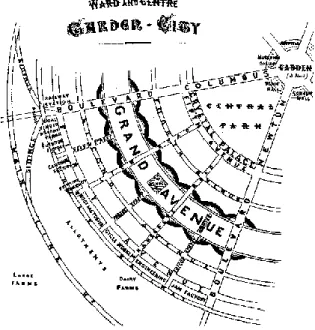 Figura 3: Esquema do conceito de Cidade-Jardim de  Ebenezer Howard (Fonte: Reps, s/ data)