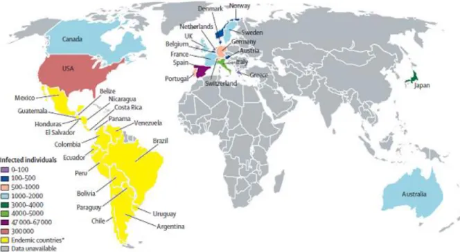 Figura  1.  Distribuição  geográfica  da  Doença  de  Chagas.  Adaptada  da  fonte: 