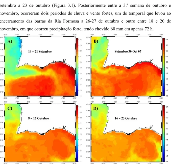 Figura 3.1- Imagens de satélite da temperatura superficial do mar, compósitas de 7 dias delimitadas       pela área 36°-38°N, 7°-10°W, por um período que antecedeu as campanhas: A)14-21 de setembro de 