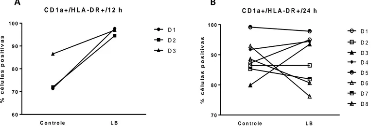 Figura  15 :  Porcentual  de  células  positivas  obtidas  a  partir  de  citometria  de  fluxo,  em  quanto  a  expressão  do  marcador de superfície HLA-DR em células com fenótipo CD1a+/HLA-DR+ (A) 12h após da interação com L